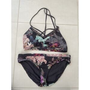 Calia Swim Bikini Swimsuit Plunge Multicolor Floral Striped Swimwear